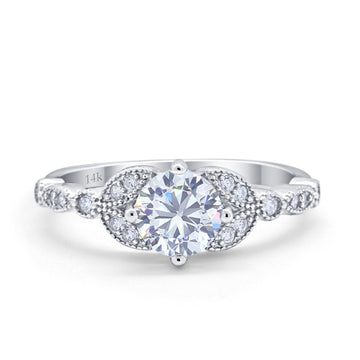 14K White Gold Art Deco Wedding Ring Bridal Round Simulated Cubic Zirconia Size-7